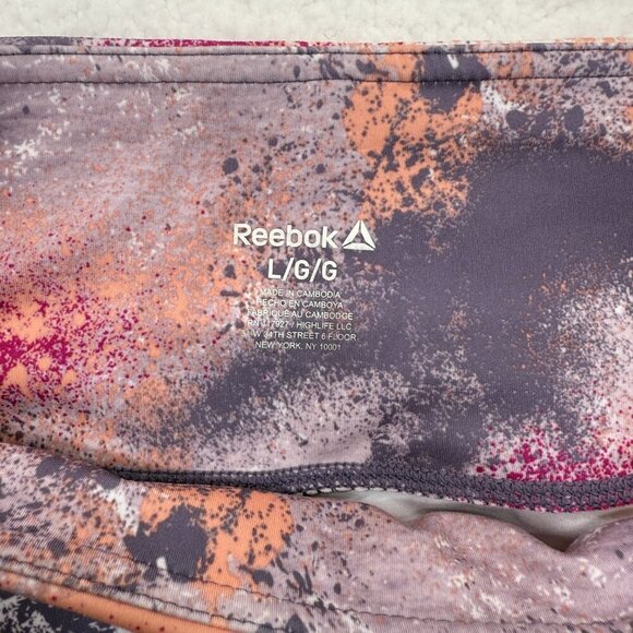 Reebok Capri Leggings Pockets Drawstring Splatter Print Mulled Grape Womens L - Picture 8 of 11